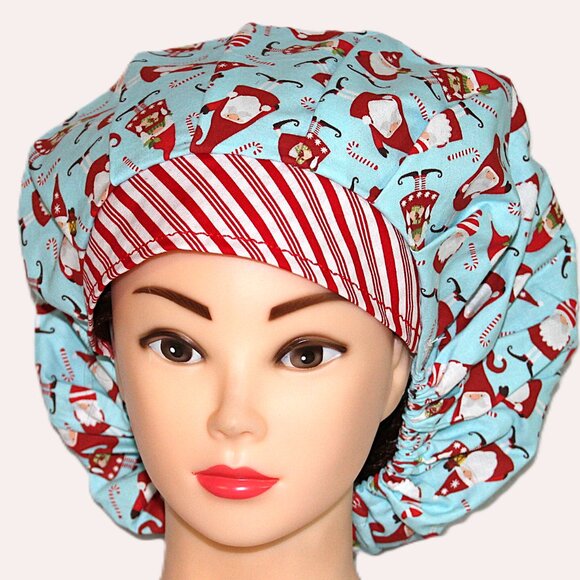 Womens Christmas Bouffant Scrub Cap Candy Cane Gnomes * Handmade - Picture 4 of 7
